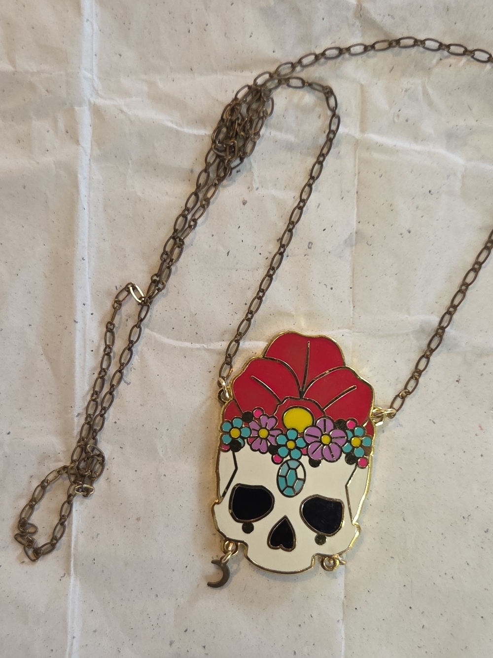 Red Floral Enamel Sugar Skull Pendant Necklace